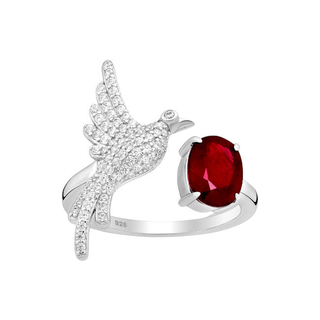 Bird of Paradise Sterling Silver adjustable Ring with Ruby & Cubic Zirconia