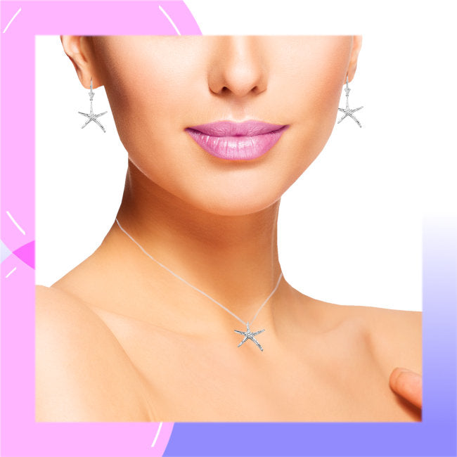 Starfish Sterling Silver leverback Earrings & Pendant Jewellery Set modelled