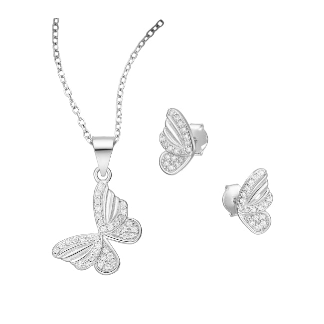 Butterfly Sterling Silver & Cubic Zirconia Earrings & Pendant Jewellery Set