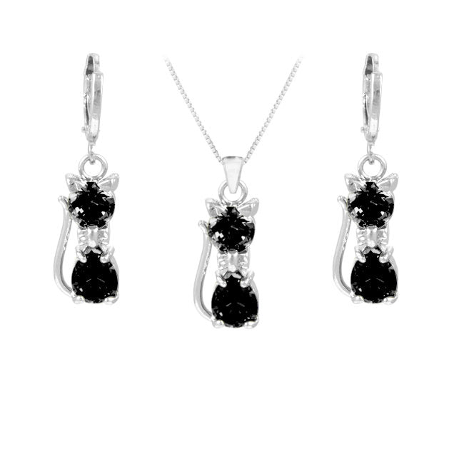Black Cat Sterling Silver and Crystal Jewellery Set