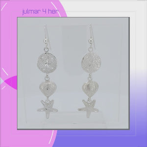 Starfish, Sand Dollar & Shell Sterling Silver dangle Earrings viewed in 3d rotation