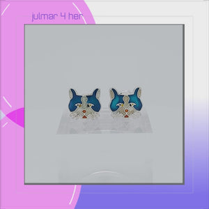 Cat Face Sterling Silver plated stud Earrings with Enamels viewed in 3d rotation