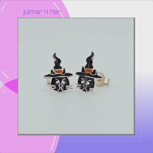 Cat in Witch's Hat Sterling Silver plated stud Earrings with Enamels viewed in 3d rotation