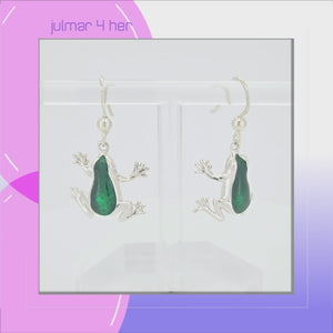 Frog Sterling Silver & Green Enamels dangle Earrings viewed in 3d rotation
