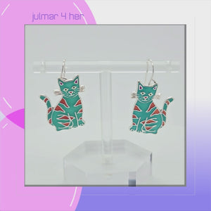 Calypso Cat Sterling Silver plated dangle Earrings with Enamels viewed in 3d rotation