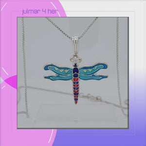 Dragonfly Calypso Sterling Silver plated Pendant with hand-painted Enamels viewed in 3d rotation