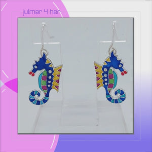 Seahorse Sterling Silver plated hook Earrings with Enamels viewed in 3d rotation