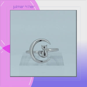 Cat & Moon Sterling Silver adjustable Ring viewed in 3d rotation