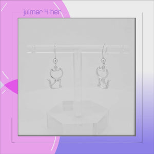 Cat with Bow Sterling Silver with Cubic Zirconia dangle Earrings viewed in 3d rotation
