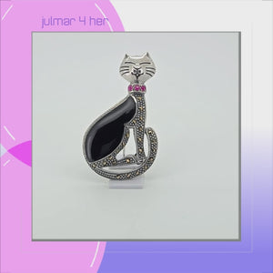 Cat Sterling Silver with Marcasite & Cubic Zirconia Brooch viewed in 3d rotation
