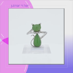 Serenity Cat Sterling Silver adjustable Ring with Jade & Crystal viewed in 3d rotation