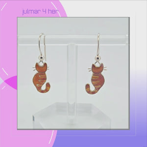 Cat with Stripes Silver plated dangle Earrings with Enamels viewed in 3d rotation