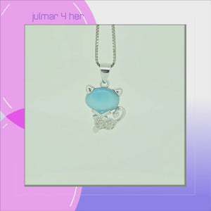 Cat Sterling Silver with Blue Moonstone & Cubic Zirconia Pendant viewed in 3d rotation