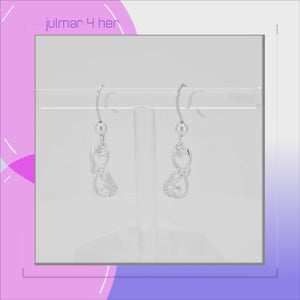 Cat with Heart Face Sterling Silver with Cubic Zirconia dangle Earrings viewed in 3d rotation