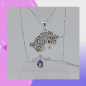 Unicorn Sterling Silver Pendant with Amethyst viewed in 3d rotation