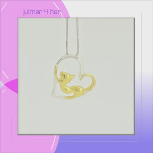 Stretching Cat in Heart Sterling Silver Pendant with 18k Gold accents & Cubic Zirconia viewed in 3d rotation