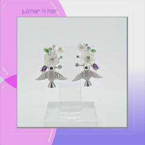 Bird & Flower Sterling Silver and Amethyst Omega Lock Earrings viewed in 3d rotation