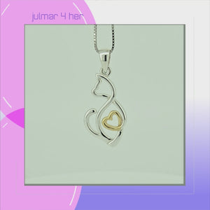 Heart Cat Sterling Silver with 14k Gold Pendant viewed in 3d rotation