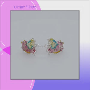 Pigs Flying Sterling Silver plated stud Earrings with hand-painted Enamels viewed in 3d rotation
