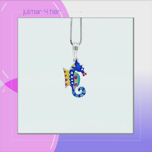 Seahorse Sterling Silver plated Pendant with hand-painted colourful Enamels viewed in 3d rotation