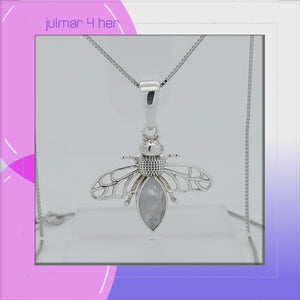 Bee Sterling Silver Pendant with Rainbow Moonstone viewed in 3d rotation