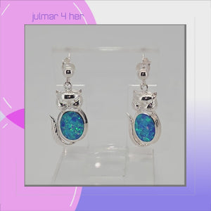 Cat Sterling Silver with Blue lab-created Opal dangle Earrings viewed in 3d rotation