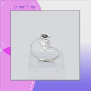 Butterfly & Flower Sterling Silver adjustable Ring viewed in 3d rotation