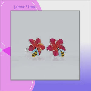 Bee & Flower Sterling Silver plated Earrings with hand-painted Enamels viewed in 3d rotation