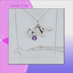Dolphin Pair Sterling Silver Pendant with Amethyst viewed in 3d rotation