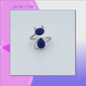 Cat Sterling Silver adjustable Ring with Lapis Lazuli & Cubic Zirconia viewed in 3d rotation