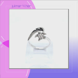 Turtle and Wave Sterling Silver adjustable Ring viewed in 3d rotation