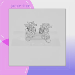 Cat Sterling Silver with Cubic Zirconia stud Earrings viewed in 3d rotation