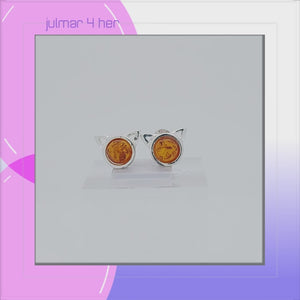 Cat Face Sterling Silver stud Earrings with Baltic Amber viewed in 3d rotation