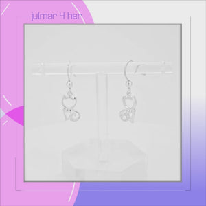 Cat with Curly Tail Sterling Silver Earrings with Cubic Zirconia viewed in 3d rotation