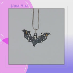 Bat Sterling Silver Pendant featuring Star & Moon viewed in 3d rotation