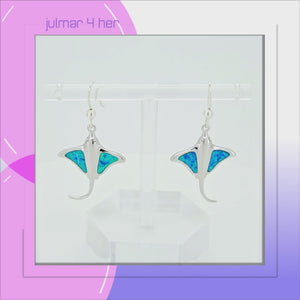 Stingray Sterling Silver and lab-created Opal dangle Earrings viewed in 3d rotation