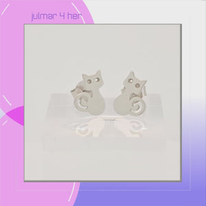 Cat with Curly Tail Sterling Silver stud Earrings viewed in 3d rotation