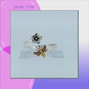 Bee & Flower Sterling Silver & Bronze adjustable Ring viewed in 3d rotation