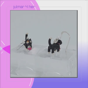 Black Cat Sterling Silver hook Earrings with Enamels viewed in 3d rotation