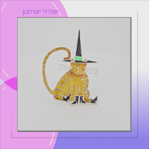 Cat with Witches Hat Silver plated Pin with Enamels viewed in 3d rotation