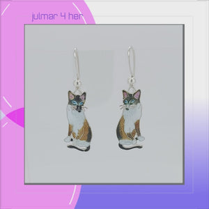 Siamese Cat Sterling Silver plated hook Earrings with Enamels viewed in 3d rotation