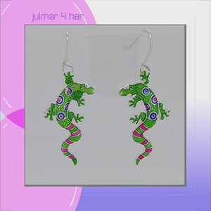 Gecko Sterling Silver plated hook Earrings with Enamels viewed in 3d rotation