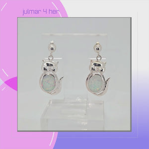 Cat Sterling Silver Earrings with White Created Opal viewed in 3d rotation
