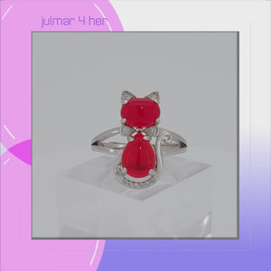 Cat Sterling Silver adjustable Ring with Red Agate viewed in 3d rotation