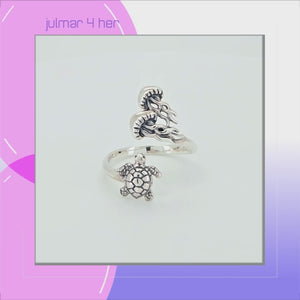 Turtle and Jellyfish Sterling Silver adjustable Ring viewed in 3d rotation