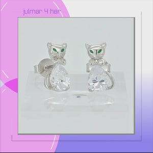 Cat Sterling Silver with Cubic Zirconia stud Earrings viewed in 3d rotation