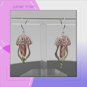 Jellyfish Sterling Silver plated dangle Earrings with hand-painted colourful enamels viewed in 3d rotation