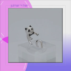 Cat with Curly Tail Sterling Silver adjustable Ring viewed in 3d rotation