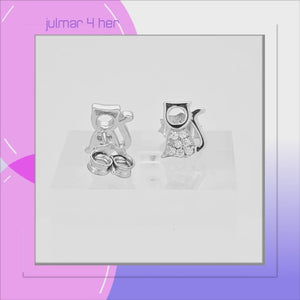 Cat Sterling Silver with Cubic Zirconia stud Earrings viewed in 3d rotation