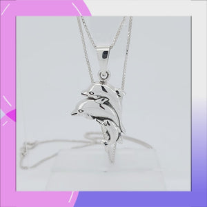 Dolphin Family Sterling Silver Pendant viewed in 3d rotation